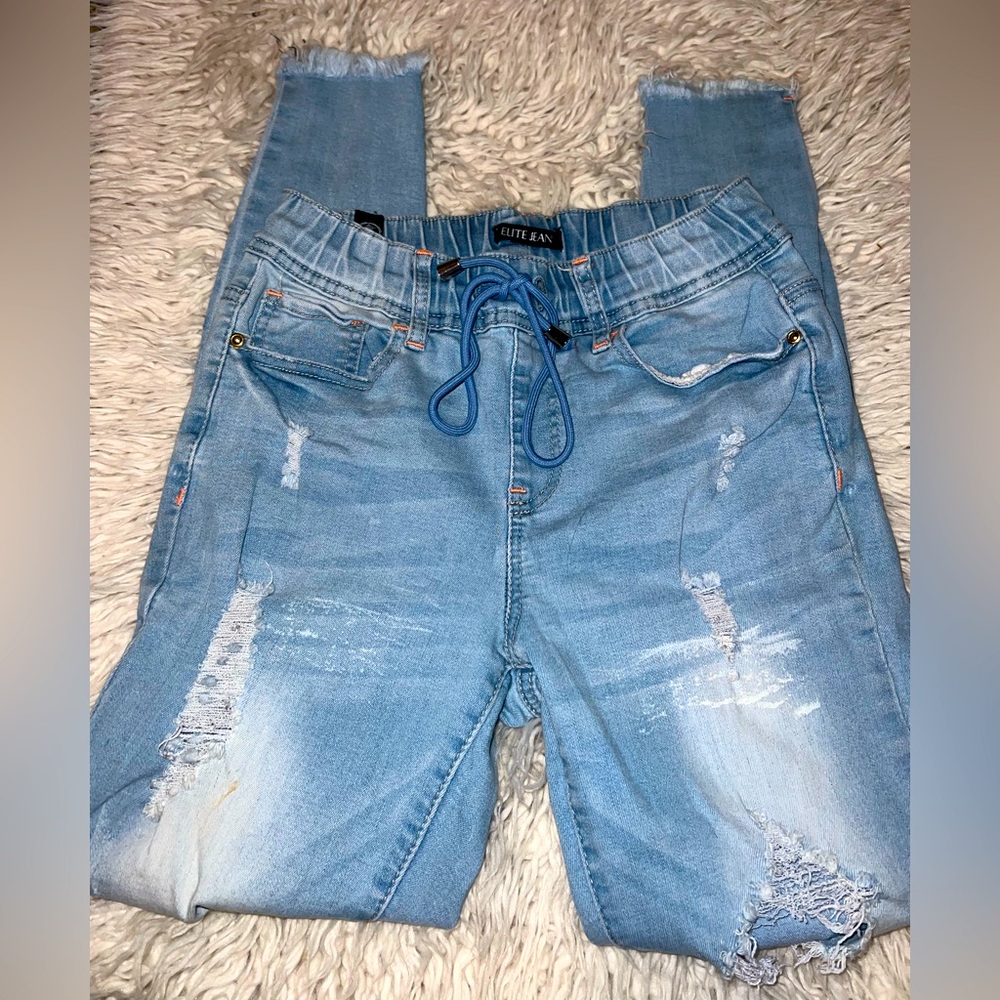 Light Blue Distressed Jeans with Drawstring Waistband